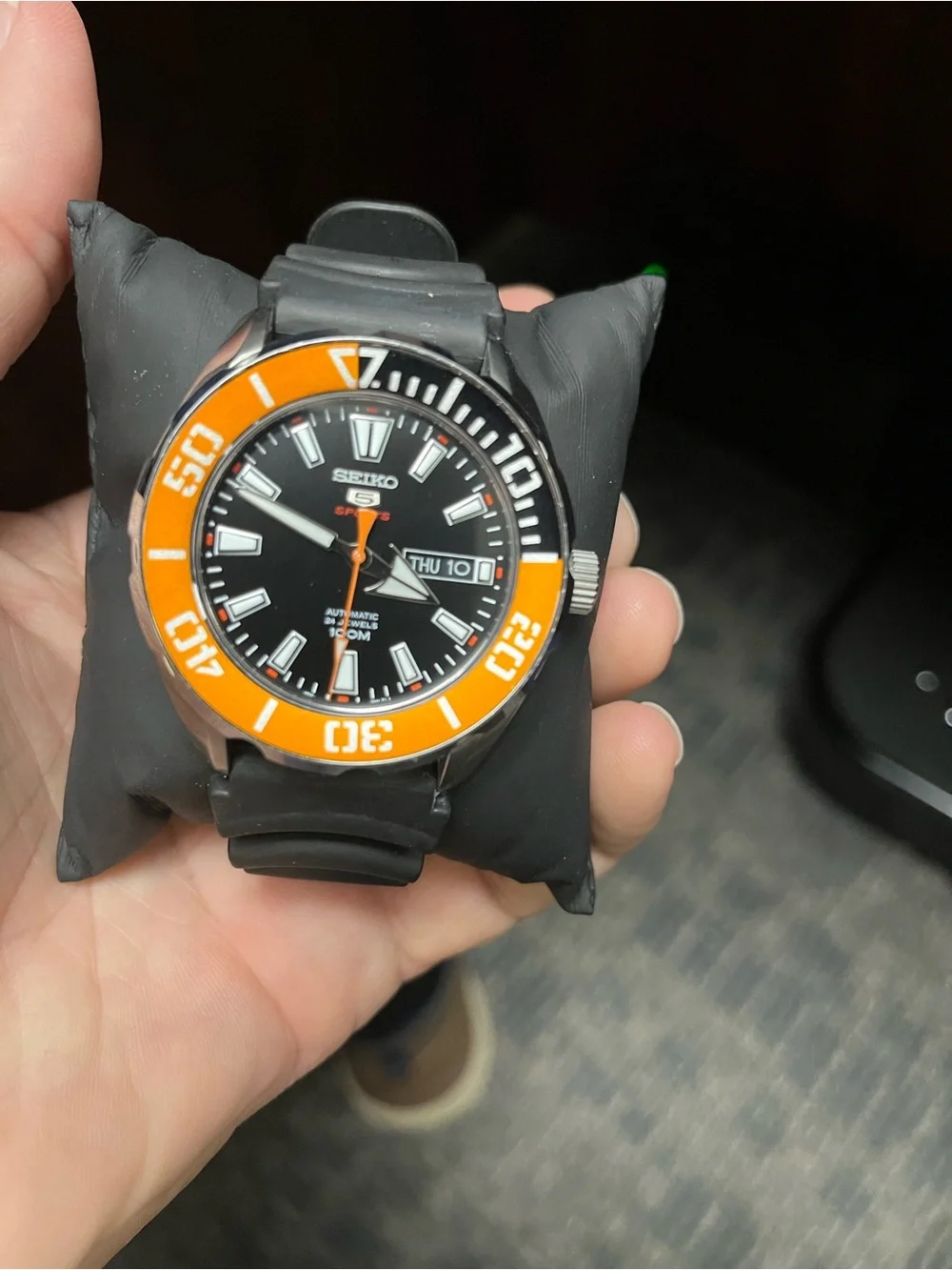 Seiko 5 Sports SRPC59K1 Black Dial Watch with Orange Bezel 🌊